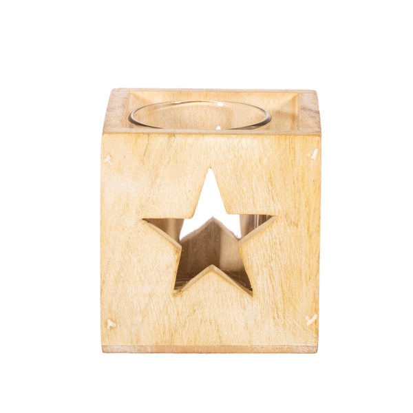 Mango Wood Star Cut Out T-Light Holder with Glass Insert - 9cm square