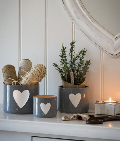 Set of Hand Painted Grey pots embossed with White hearts - Set of 3