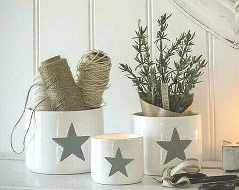 Set of Hand painted White pots embossed with Grey Stars - Set of 3