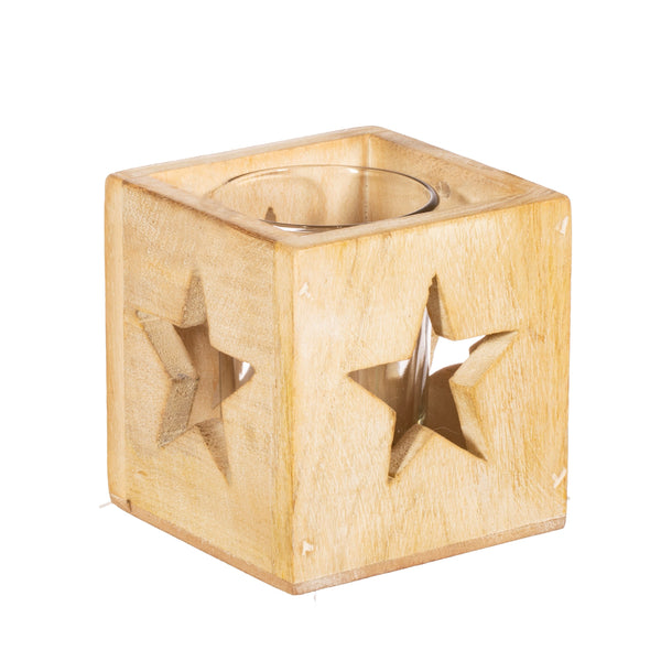 Mango Wood Star Cut Out T-Light Holder with Glass Insert - 9cm square