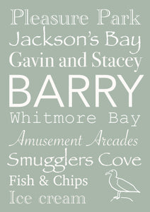Barry Word Art Print -Barry Islamd -  Barry Island A4 green print featuring some of Barry’s popular locations. Frame ready wall
