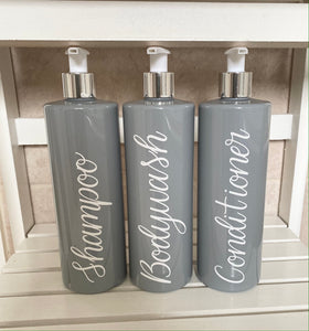 Set of 3 Refillable Grey Bottles for Shampoo, Conditioner and Bodywash
