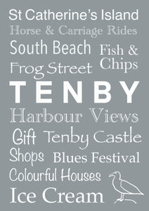 Tenby Word Art Print - A4 Grey Wall Art featuring Iconic Tenby and some of it’s landmarks and attractions