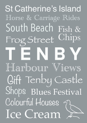 Tenby Word Art Print - A4 Grey Wall Art featuring Iconic Tenby and some of it’s landmarks and attractions