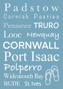 Cornwall Word Art Print - A4 Blue, featuring some of Cornwall’s iconic locations. Frame ready wall art.