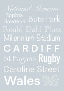 Cardiff Lamdmarks Word Art - A4 Light Grey, Frame ready Wall Decor and gift idea