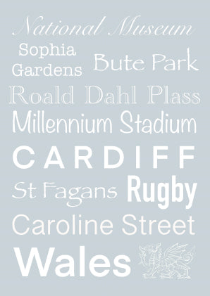Cardiff Lamdmarks Word Art - A4 Light Grey, Frame ready Wall Decor and gift idea