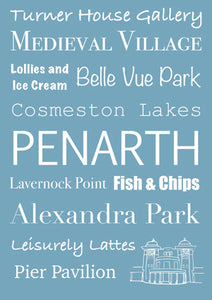 Penarth Word Art Print - A4 Blue, featuring some iconic locations and attractions. Frame ready wall art