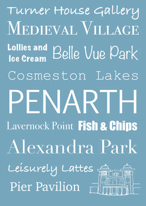 Penarth Word Art Print - A4 Blue, featuring some iconic locations and attractions. Frame ready wall art