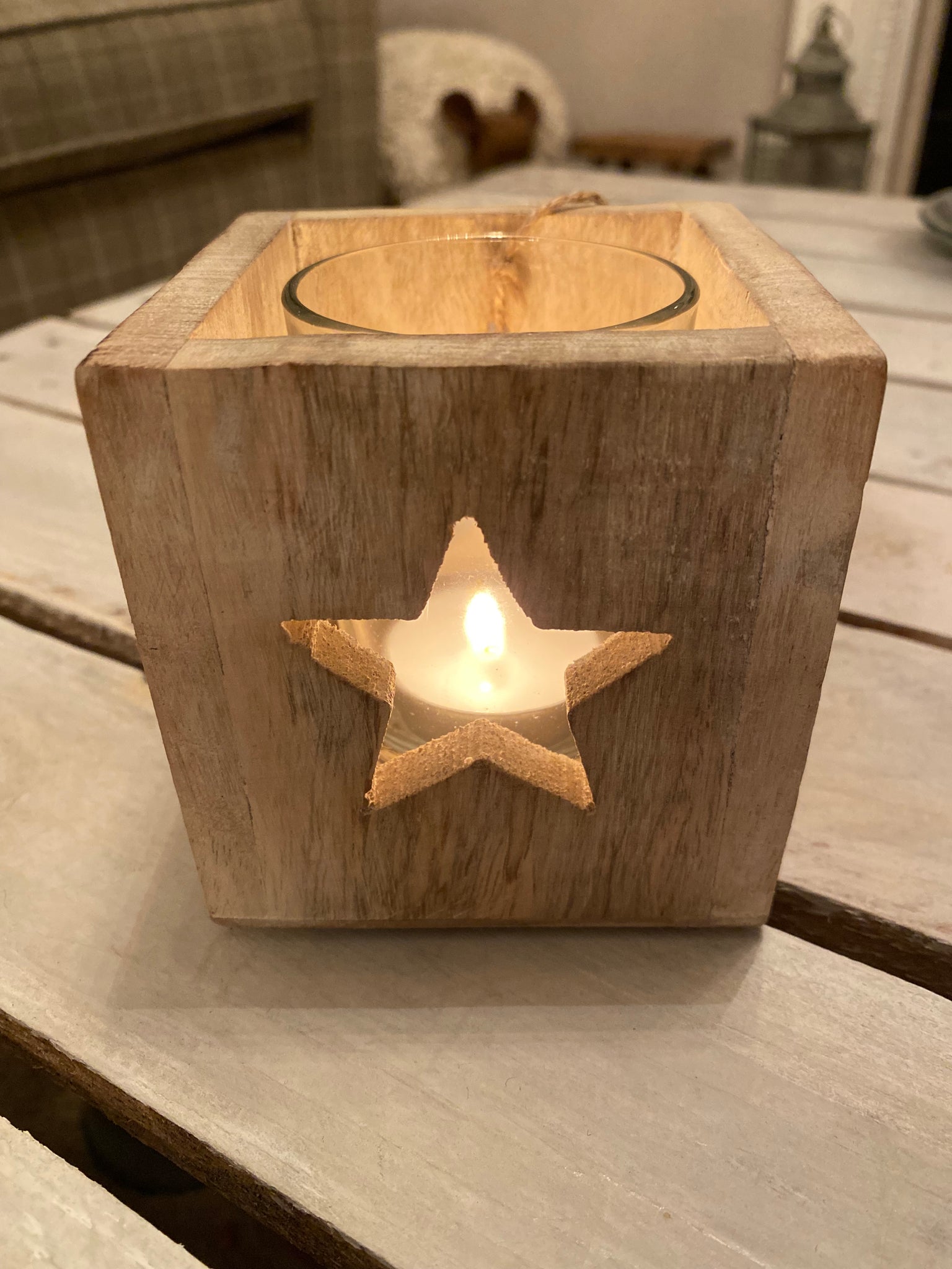 Mango Wood Star Cut Out T-Light Holder with Glass Insert - 9cm square