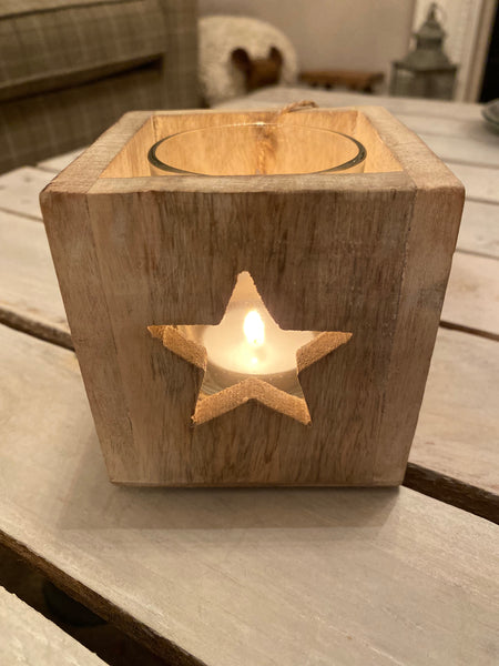 Mango Wood Star Cut Out T-Light Holder with Glass Insert - 9cm square