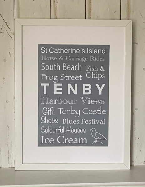 Tenby Word Art Print - A4 Grey Wall Art featuring Iconic Tenby and some of it’s landmarks and attractions